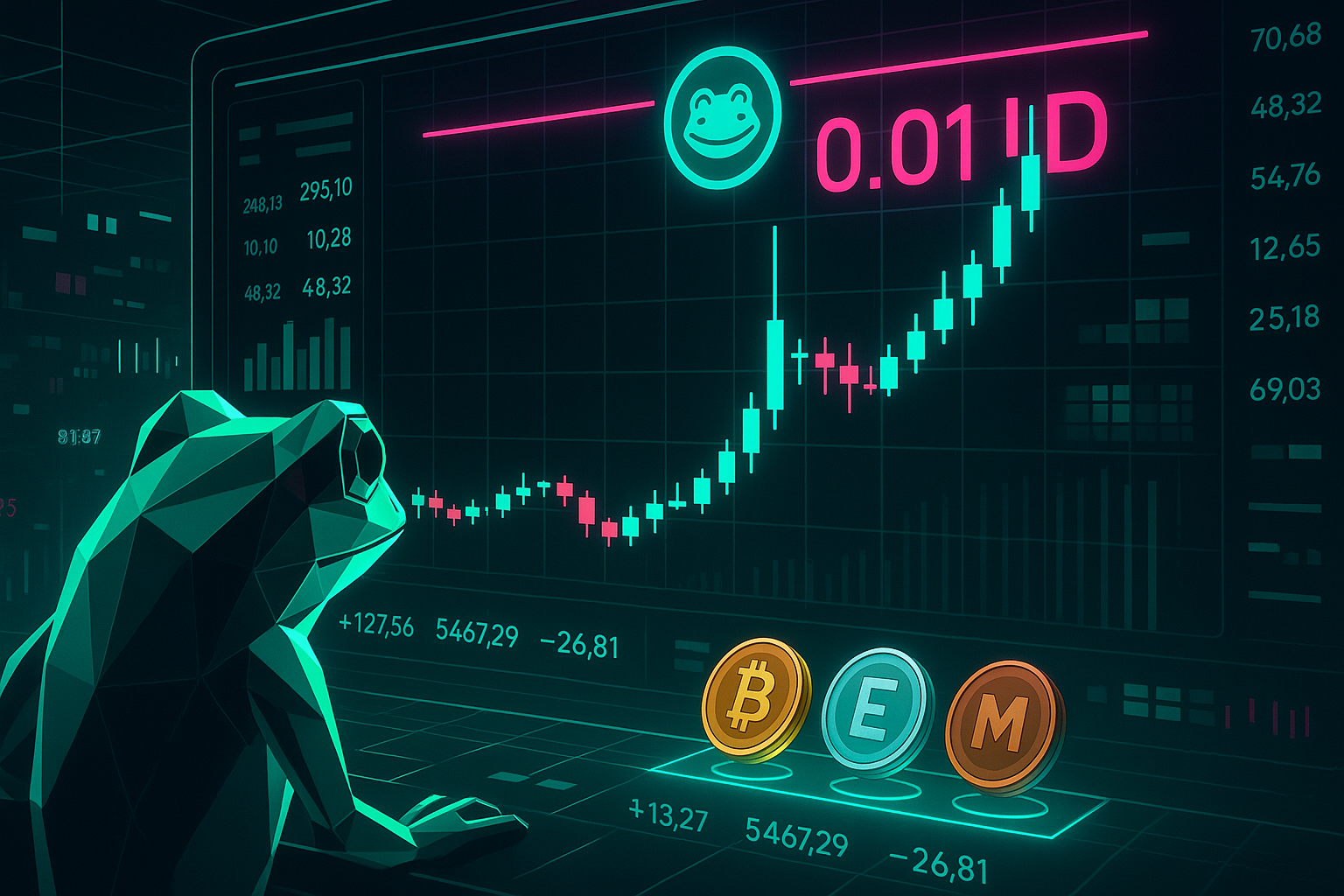 Futuristic trading screen with frog avatar watching PEPE-style meme coin surge toward 0.01 USD target