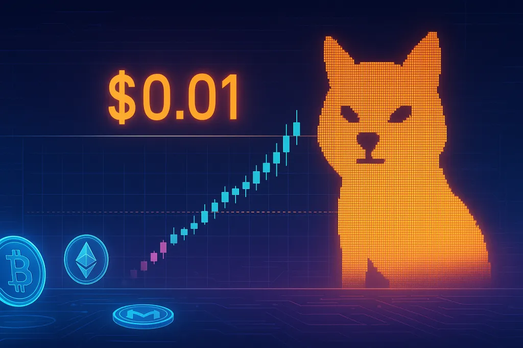 Futuristisch Shiba Inu crypto-dashboard dat het pad van SHIB naar $0.01 laat zien.