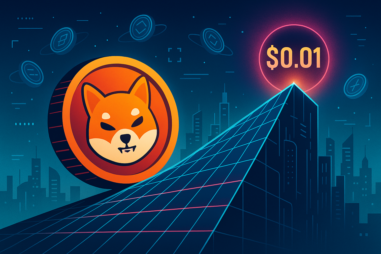 Shiba Inu crypto coin rolling up neon grid hill toward $0.01 target