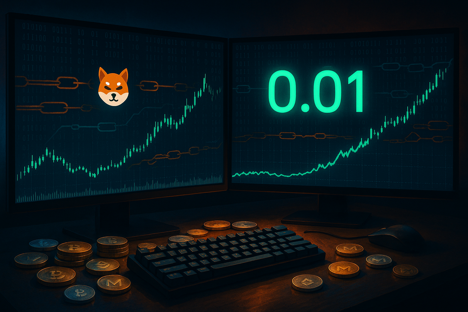 Cinematic crypto trading desk with Shiba Inu coin chart nearing the 1 cent mark on ultra-wide monitors