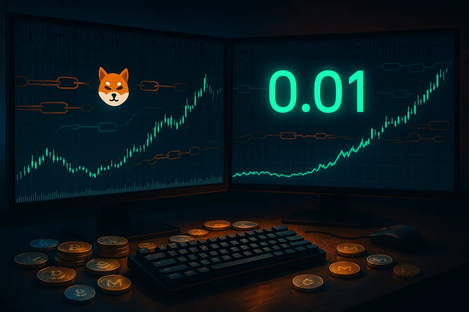 Een filmische cryptohandelsomgeving met een grafiek van de Shiba Inu-munt die de 1 cent-grens nadert, weergegeven op ultrabrede monitoren.