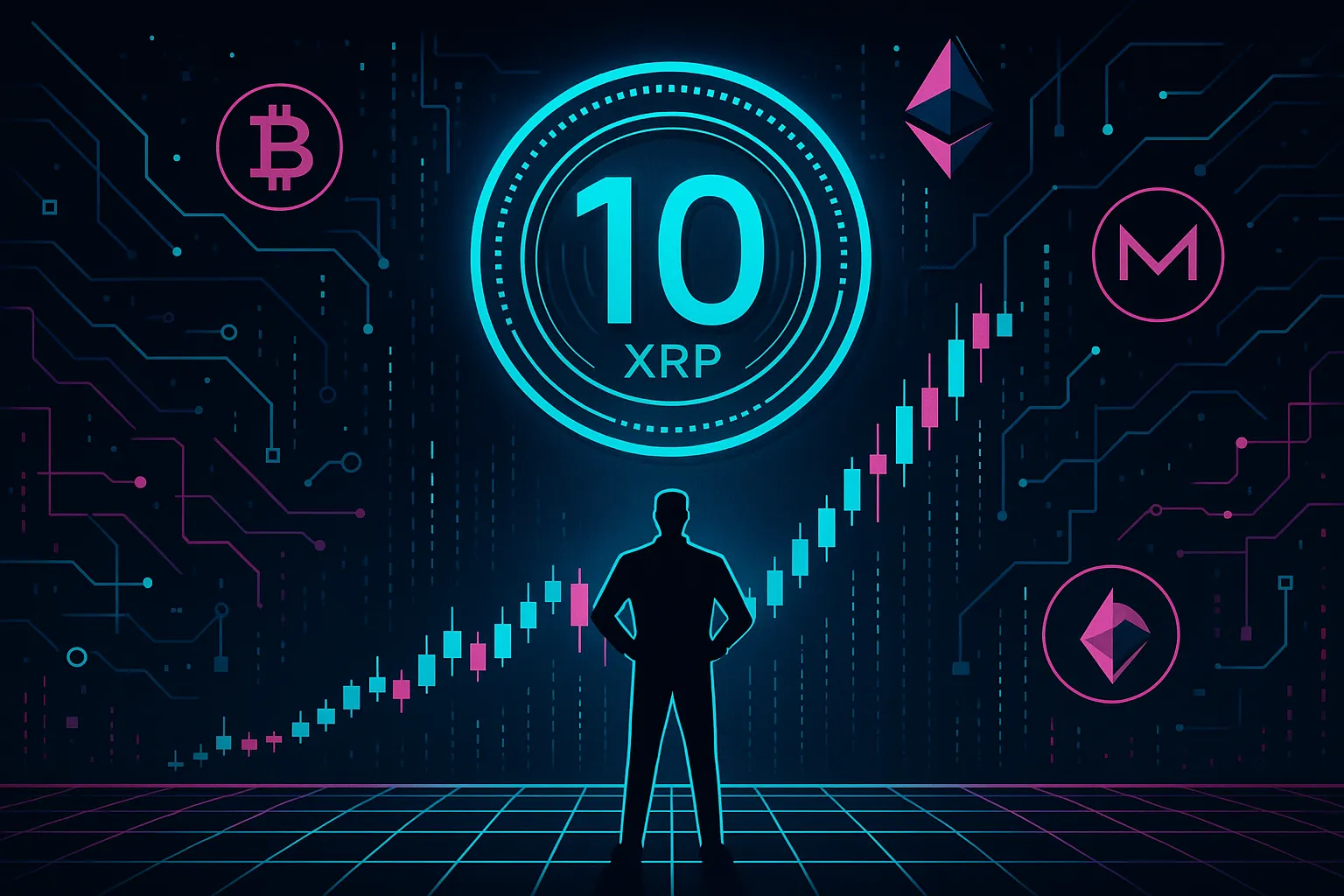 Un trader futuristico analizza la moneta olografica XRP che punta a 10$ tra i grafici delle criptovalute