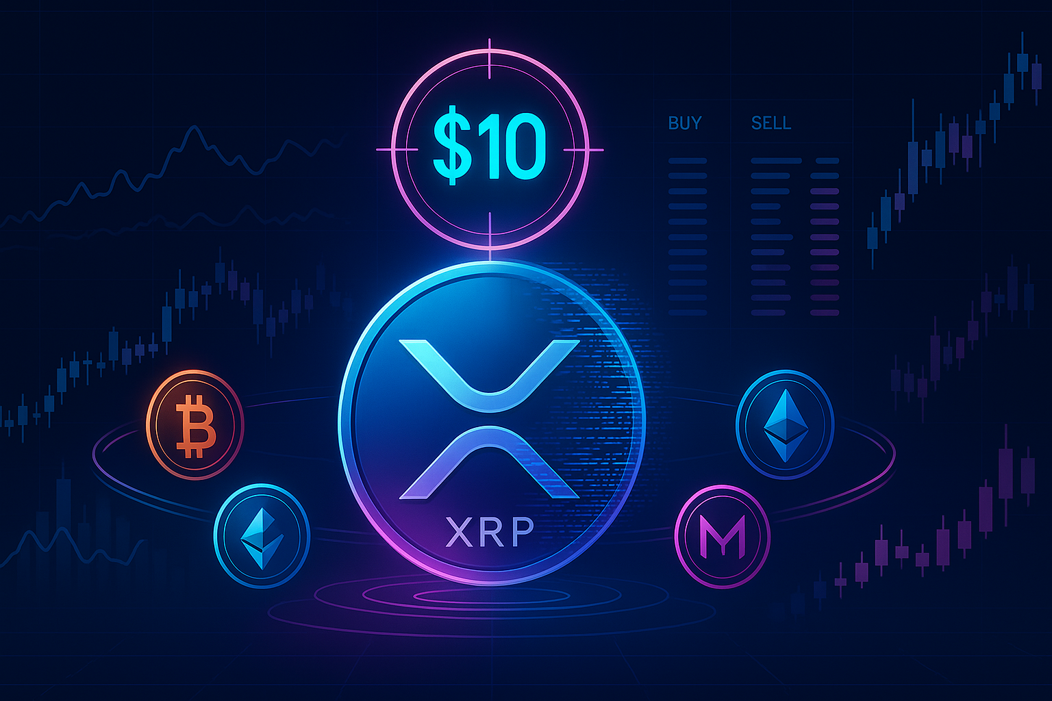 Futuristic XRP $10 target crypto art with altcoins and charts