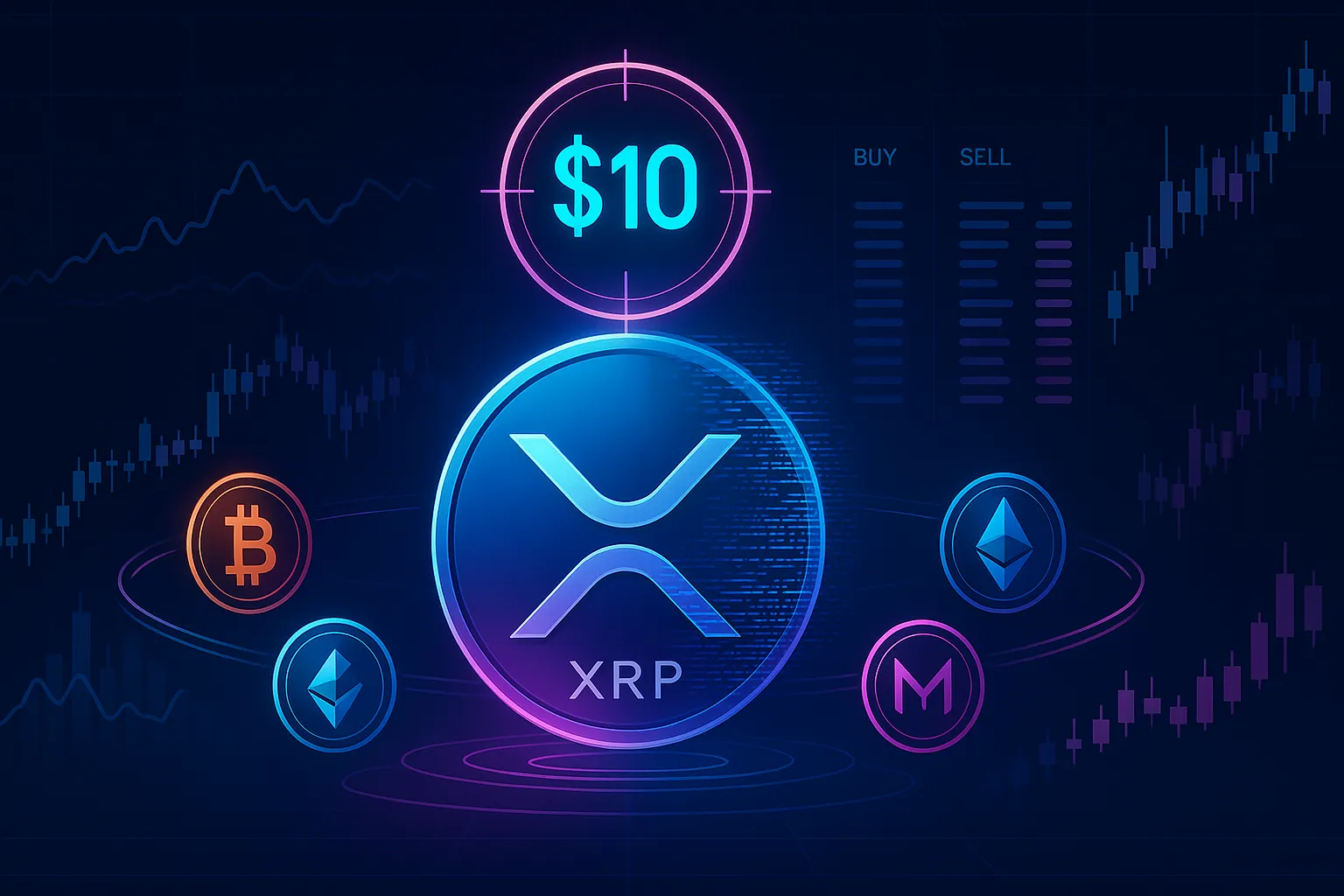 Arte crypto futuristica con obiettivo XRP $10 con altcoin e grafici
