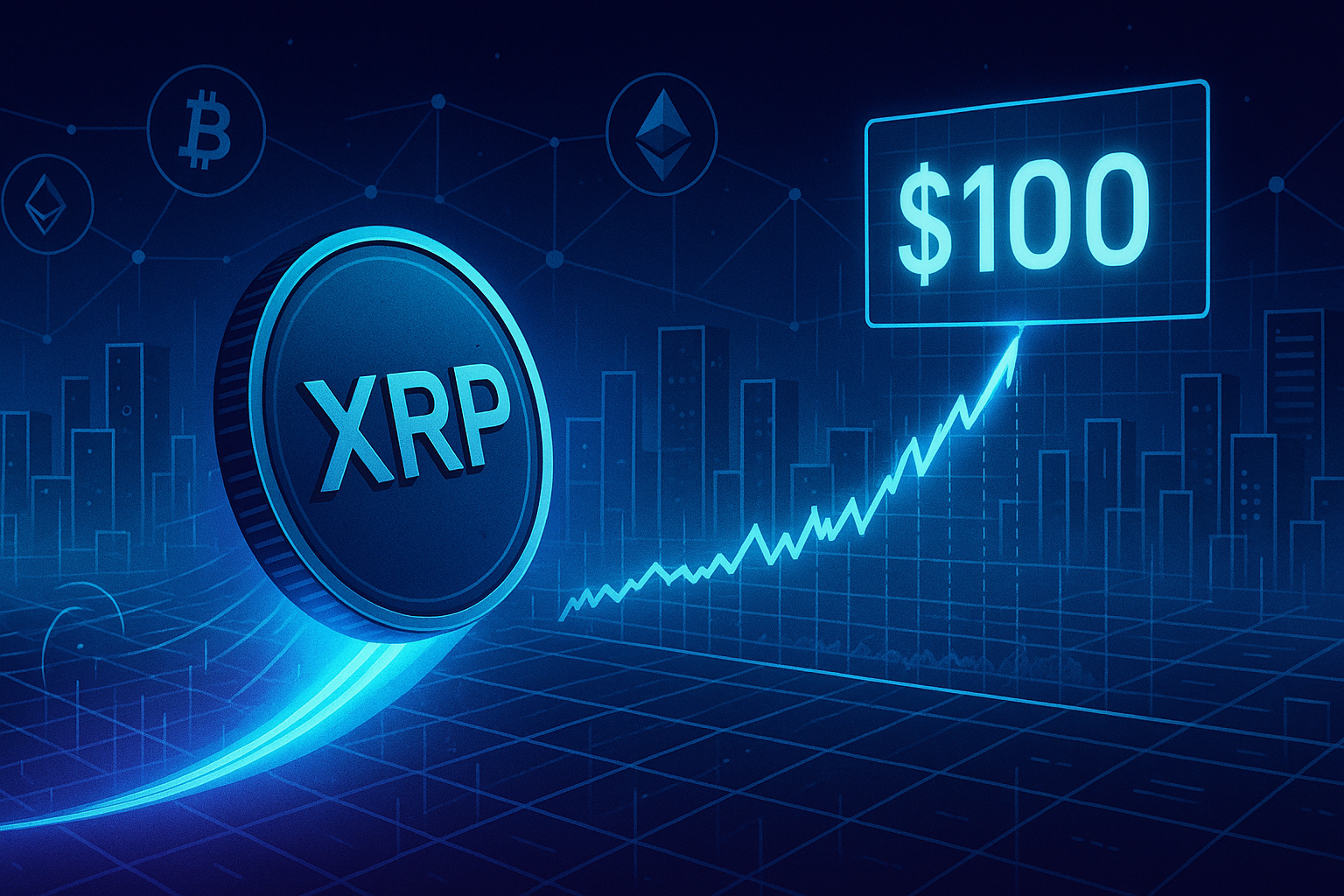 Futuristic XRP coin surging toward $100 on neon crypto price chart
