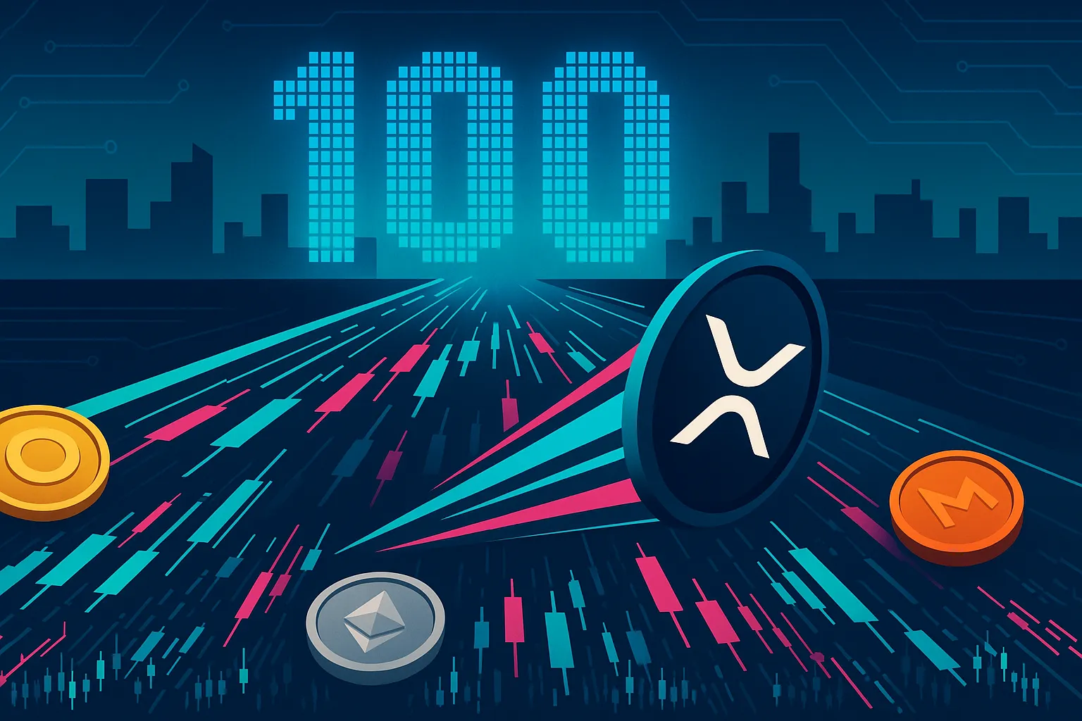 Futuristisch ogende XRP-coin racet op digitale grafieken richting een stralende 100.