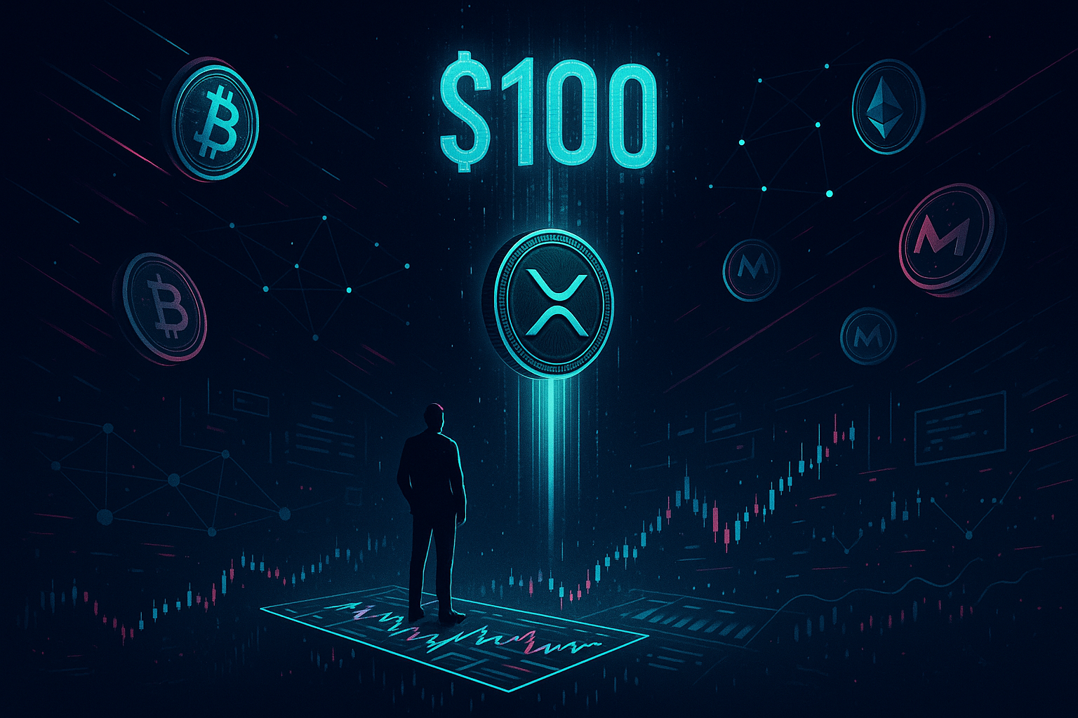 Futuristic trader watching XRP coin surge toward $100 amid neon crypto charts