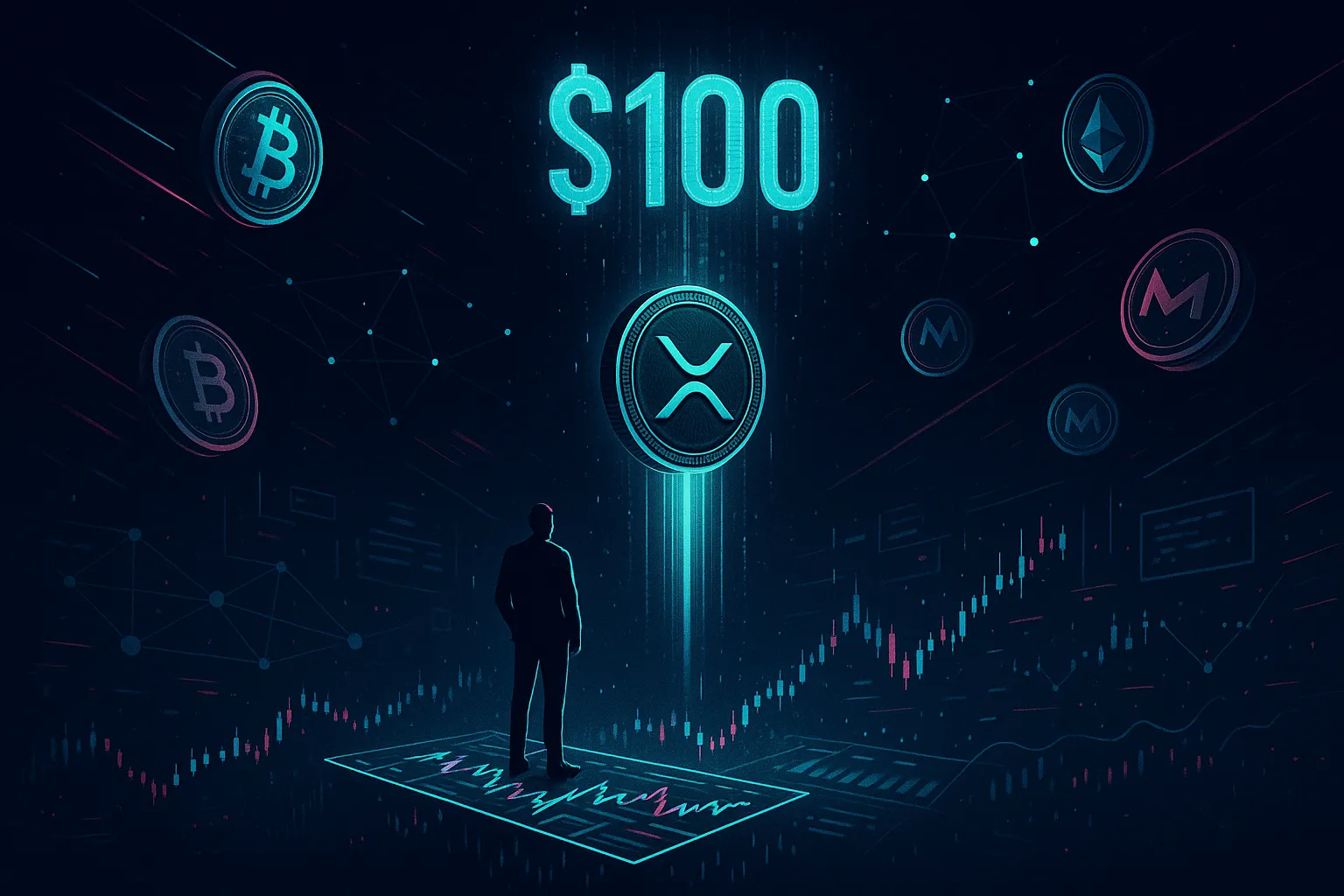 Futuristisch ingestelde handelaar ziet XRP richting de $100 stijgen te midden van neonkleurige cryptografieken.
