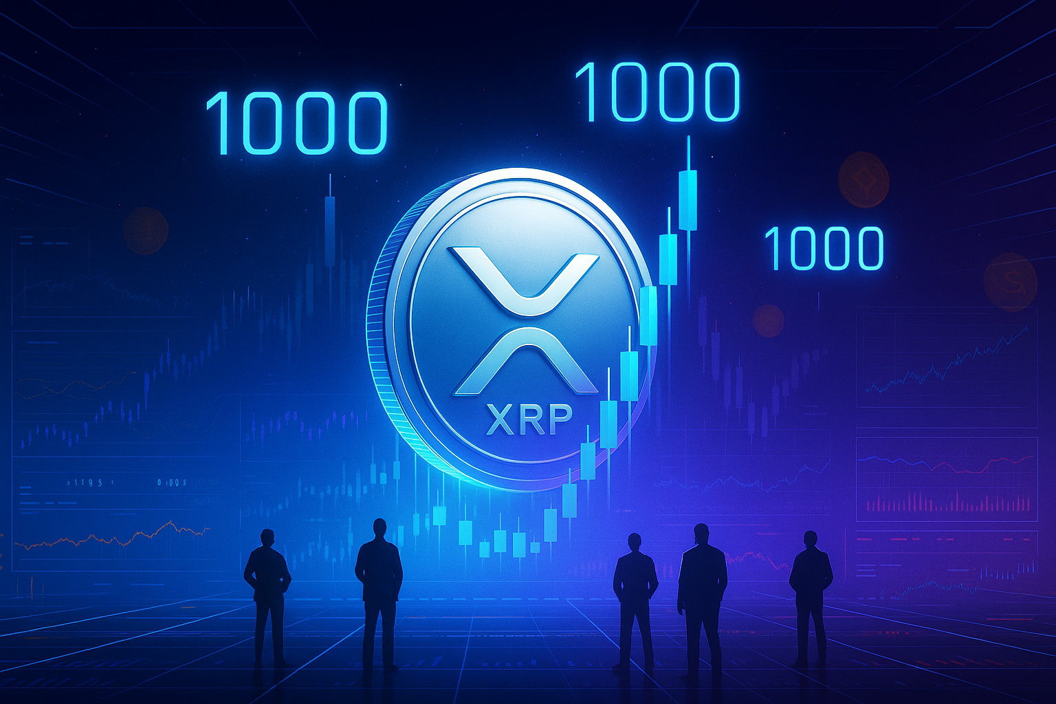 Futuristic XRP trading floor with glowing coin and 1000 price candles