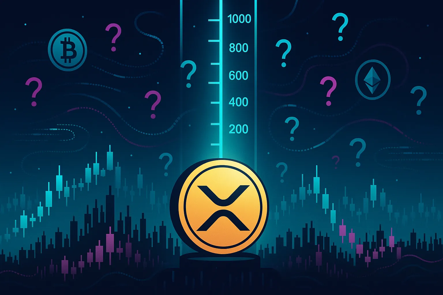 Futuristic XRP coin rising on glowing price pillar amid crypto city charts