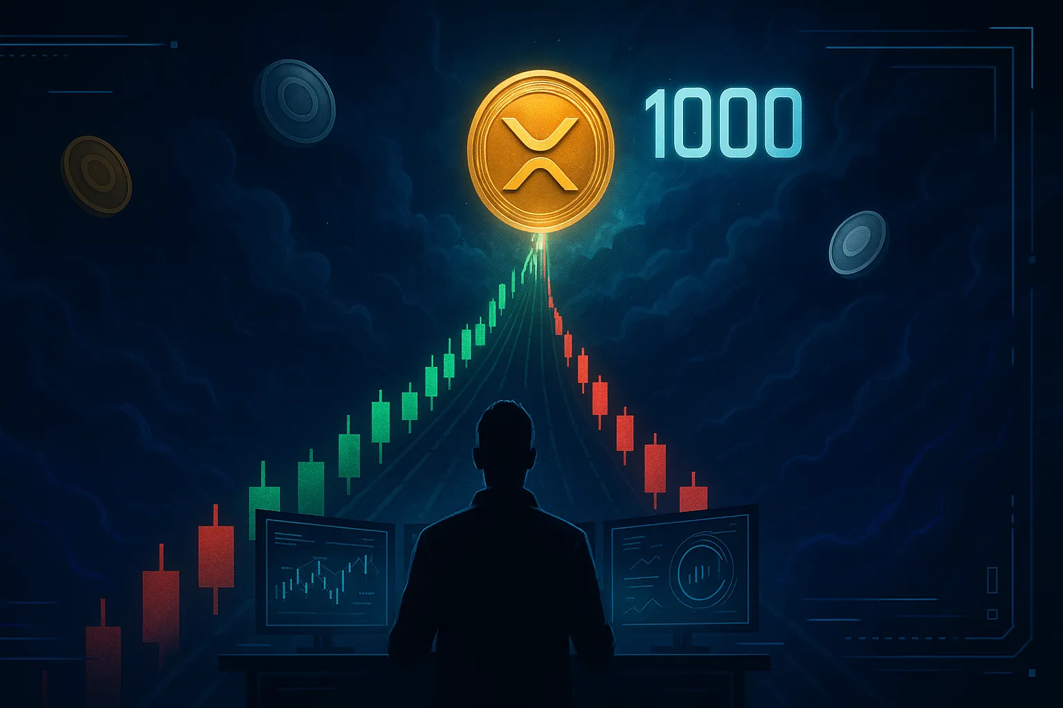 Futuristic XRP crypto banner with candlestick highway reaching a 1000 price target