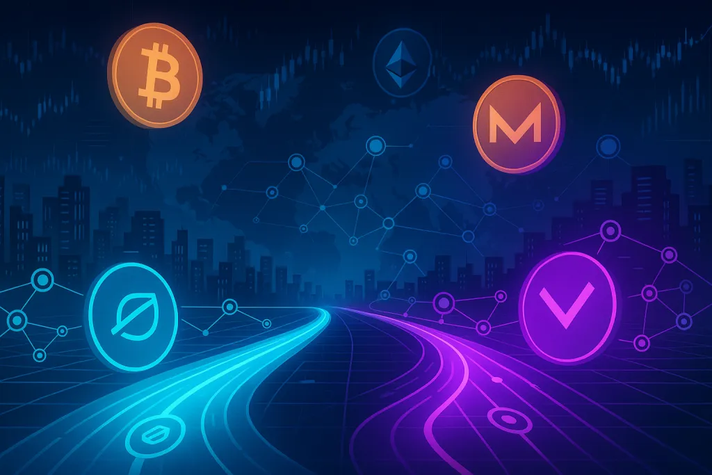Bannière futuriste représentant le paysage crypto et comparant deux réseaux de paiement numérique rivaux