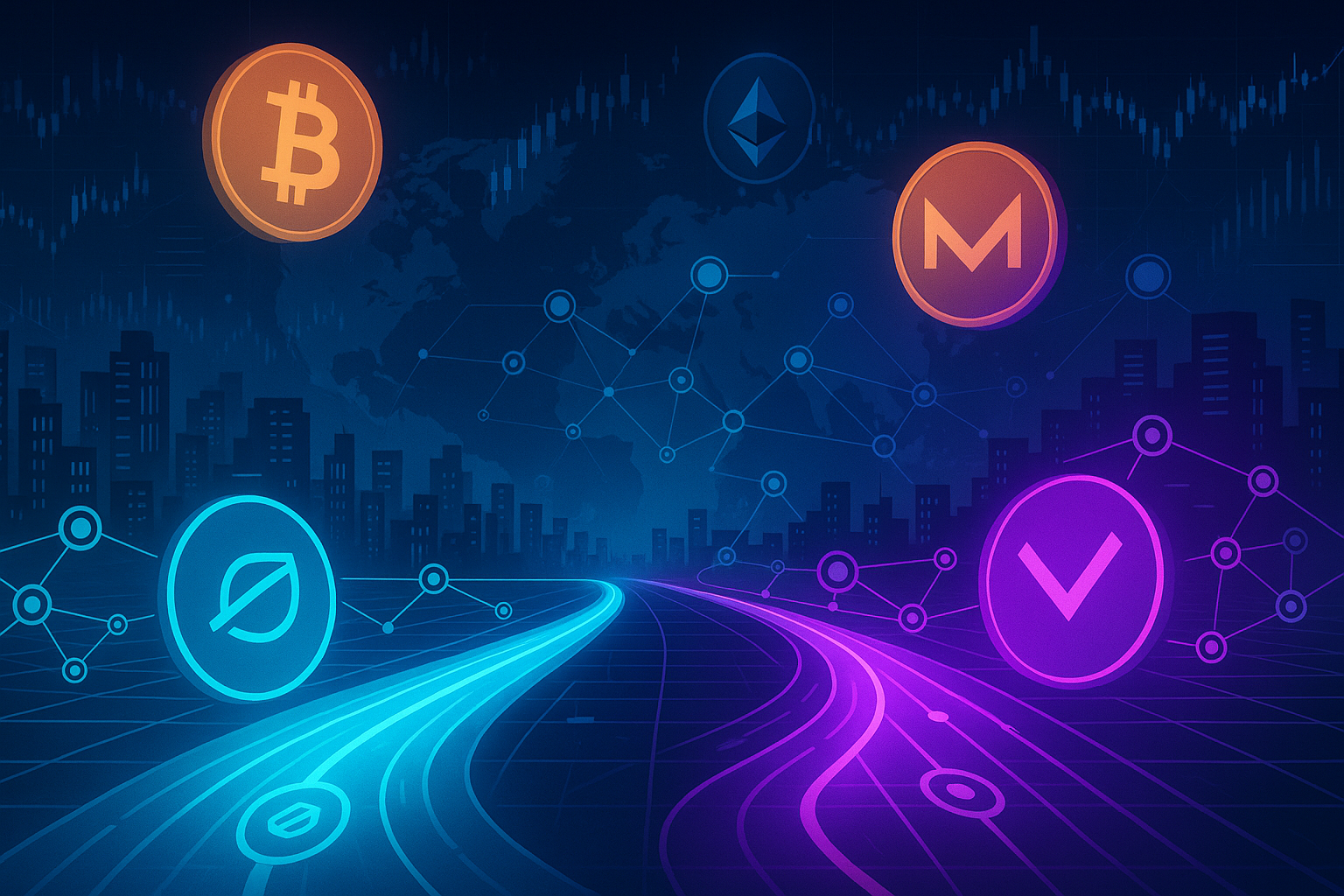 Futuristic crypto landscape banner comparing two rival digital payment networks