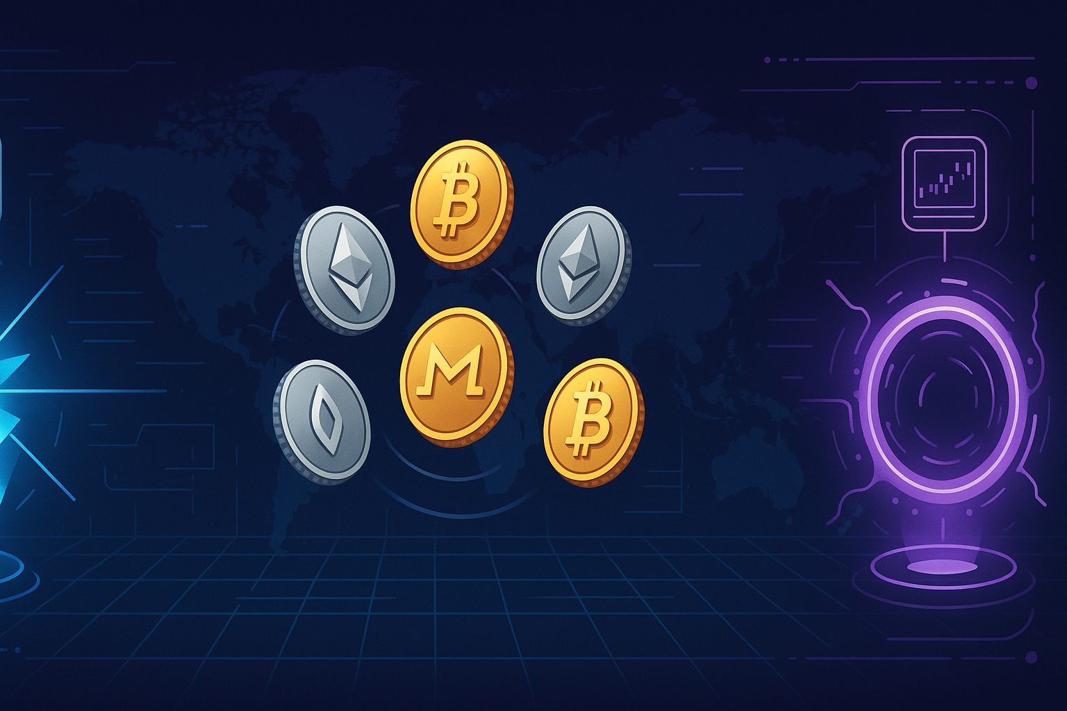 Futuristic crypto gateways facing off with coins, symbolizing XLM vs XRP in cross-border payments
