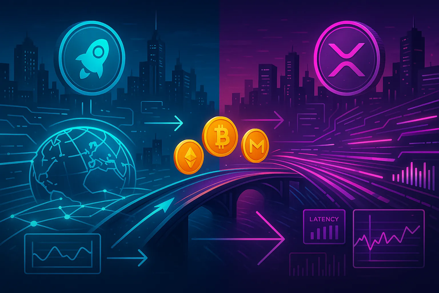 Scène crypto cyberpunk divisée en deux villes visualisant la rivalité XLM vs XRP