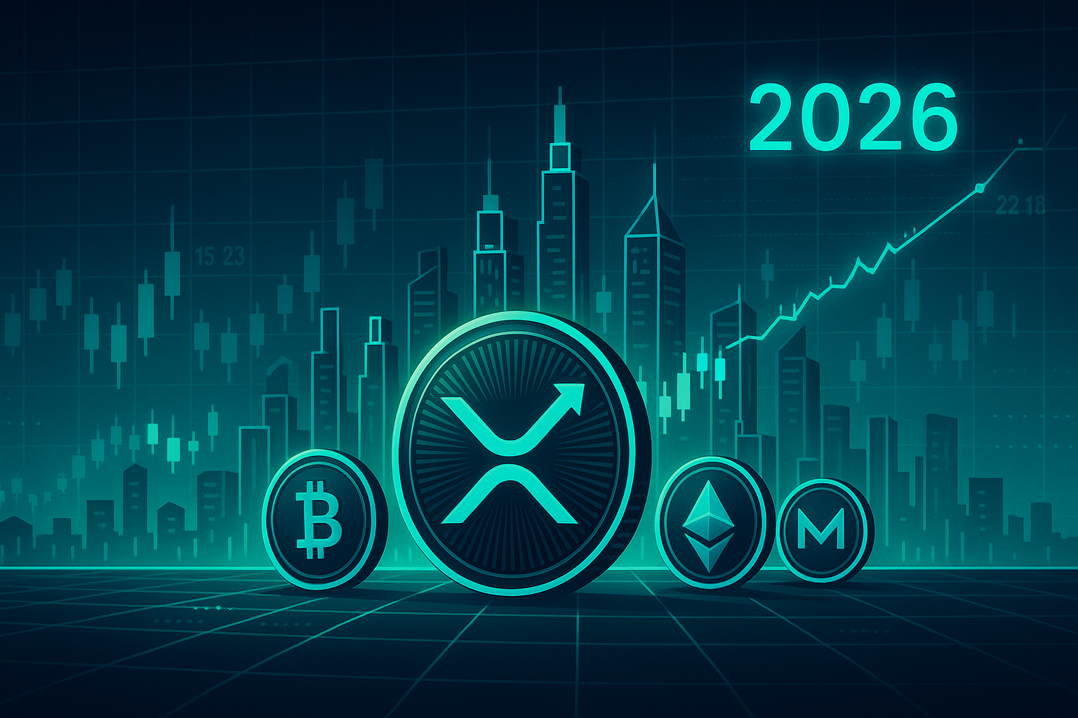 Futuristic 2026 crypto city skyline with rising XRP-style coin and price charts