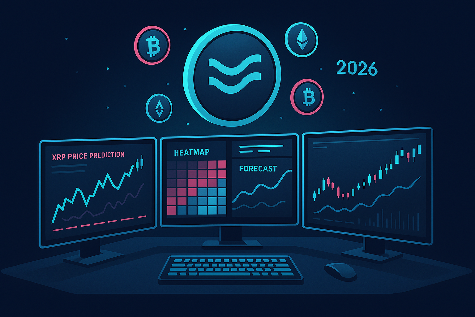 Digital trading desk with XRP 2026 price prediction charts on ultrawide monitors