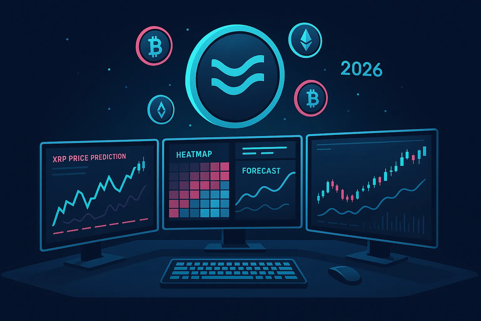 Digital trading desk with XRP 2026 price prediction charts on ultrawide monitors