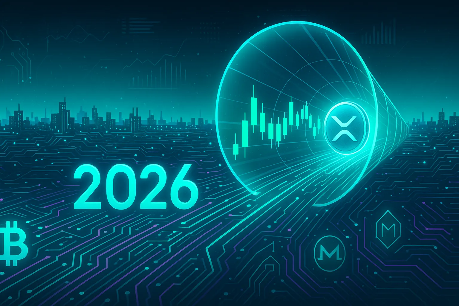 Futuristic crypto skyline with XRP coin in 2026 price tunnel