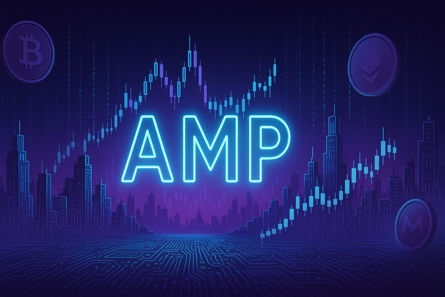 Futuristic crypto city skyline with AMP neon text and rising candlestick charts