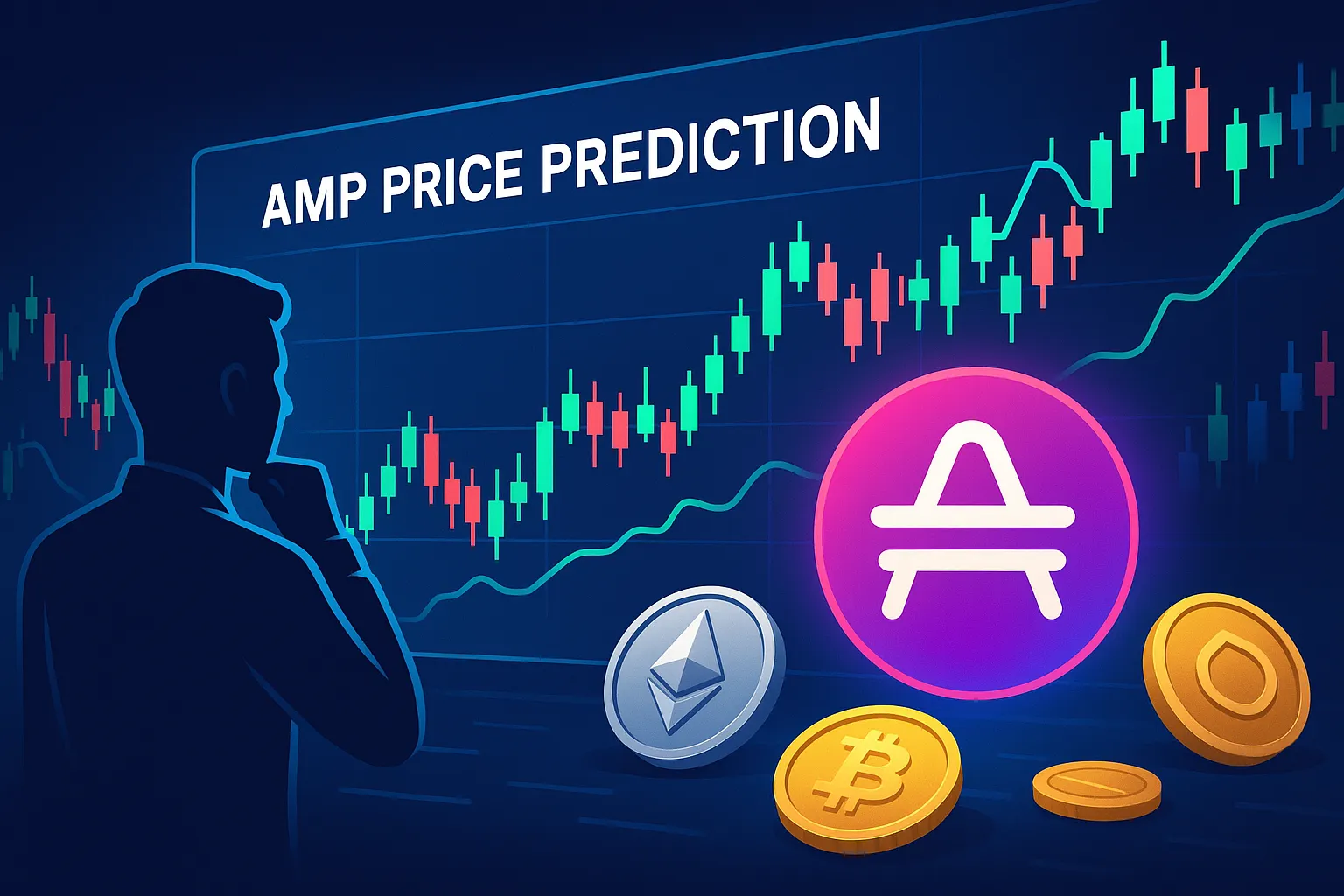 Un trader étudie les prévisions de prix de la cryptomonnaie AMP sur un graphique holographique avec des jetons lumineux et des chandeliers.