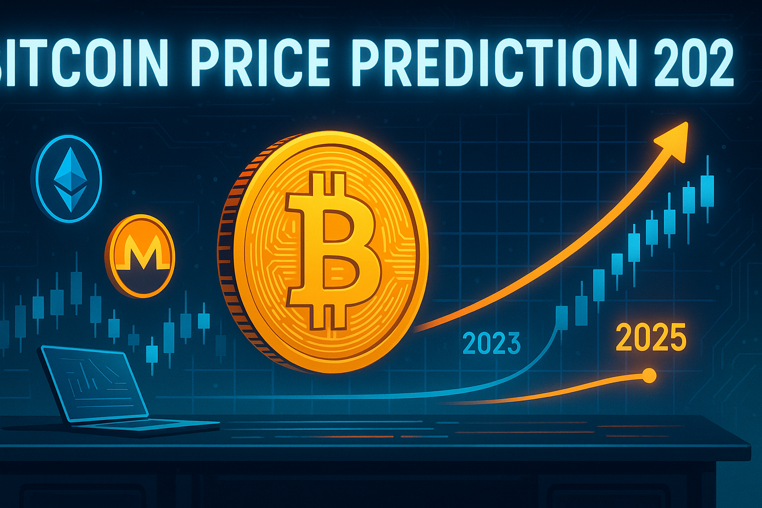 Mesa de operaciones futurista con gráficos de criptomonedas en alza y gran cantidad de Bitcoin, tema de predicción de precios para 2023-2025.
