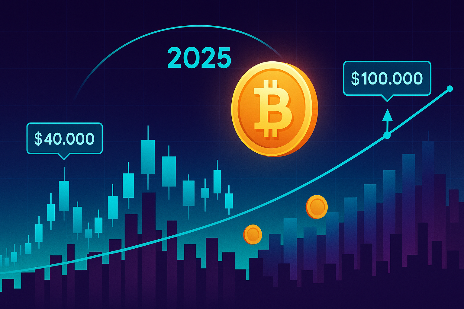 Bitcoin price prediction 2025 banner with crypto skyline and rising chart