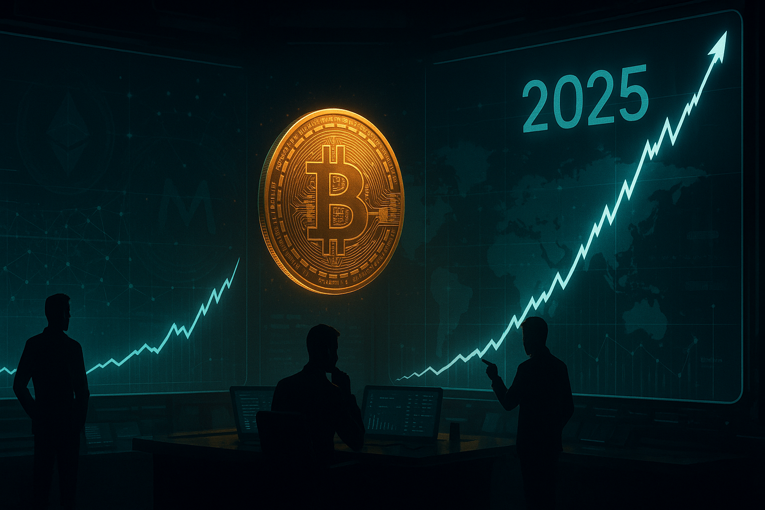 Futuristic crypto control room with rising Bitcoin price charts toward 2025