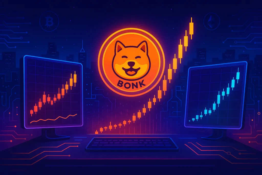 Mesa de negociação de criptomoedas em neon com gráficos da moeda BONK em alta durante a noite.