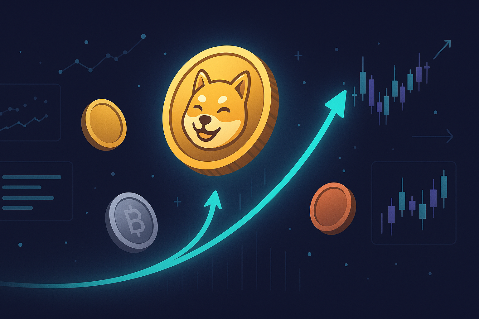 Panoramic BONK coin rocketing upward amid crypto market charts