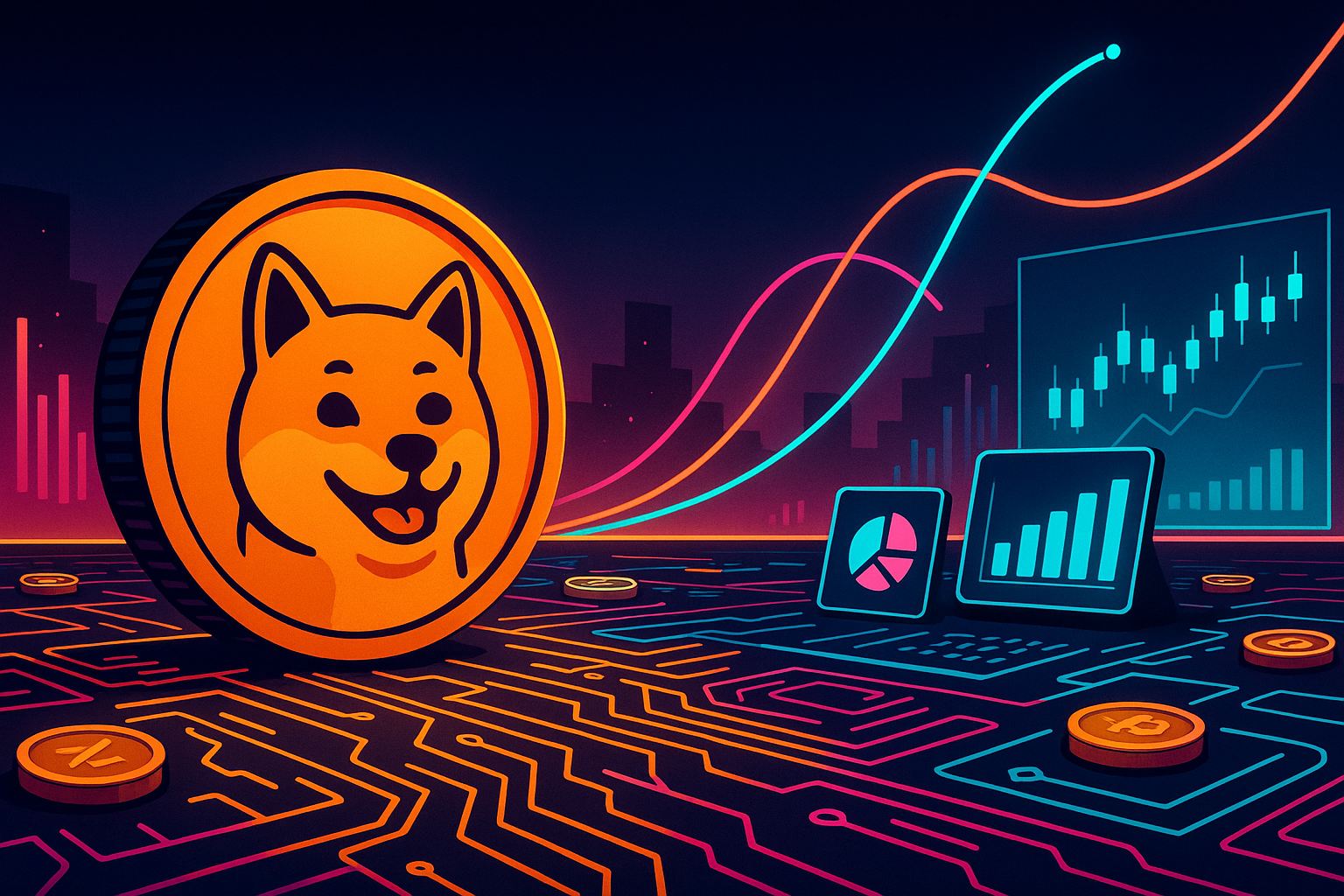 Futuristic neon trading floor with giant BONK coin and price prediction charts