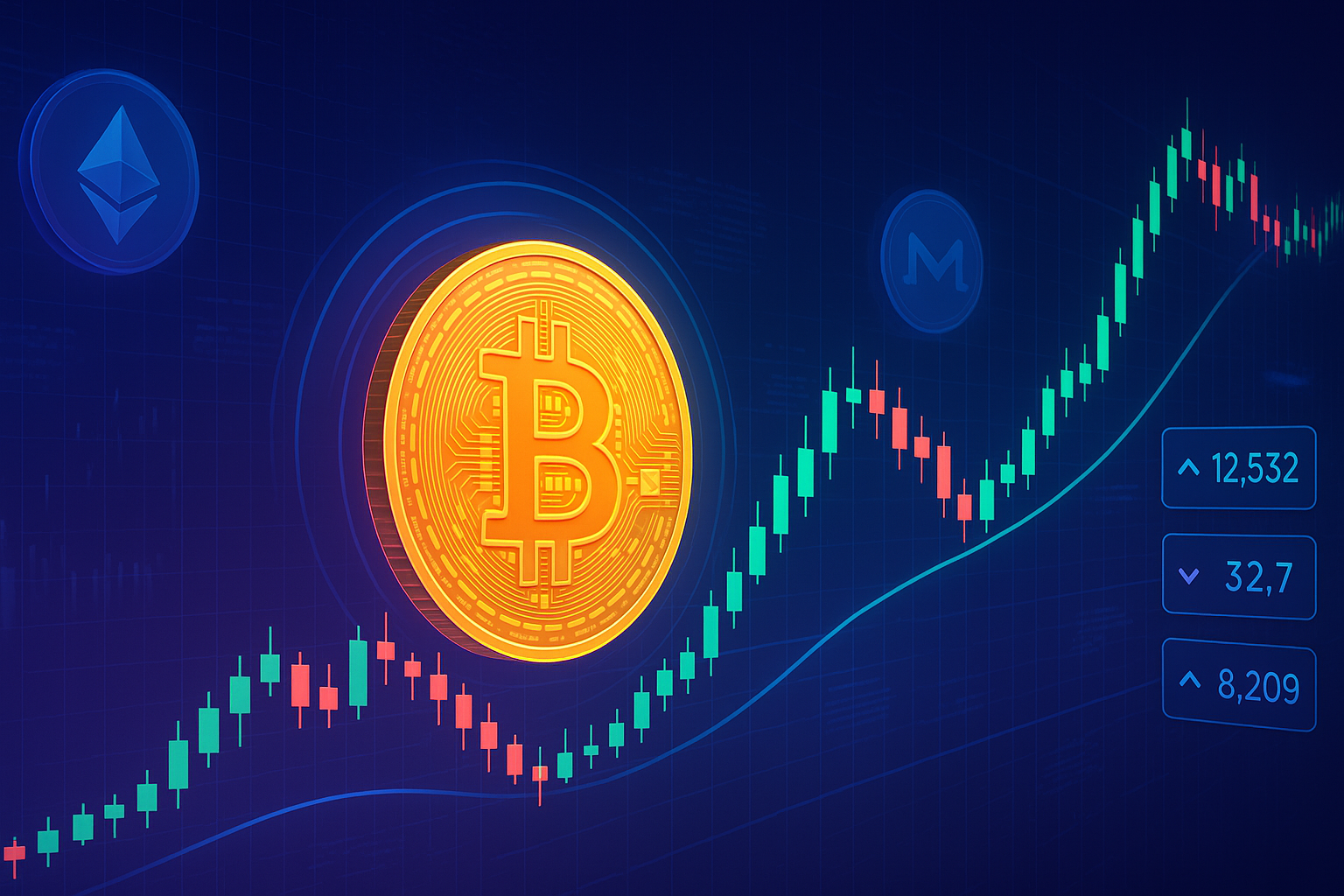 Futuristic Bitcoin price chart banner with glowing BTC and crypto coins