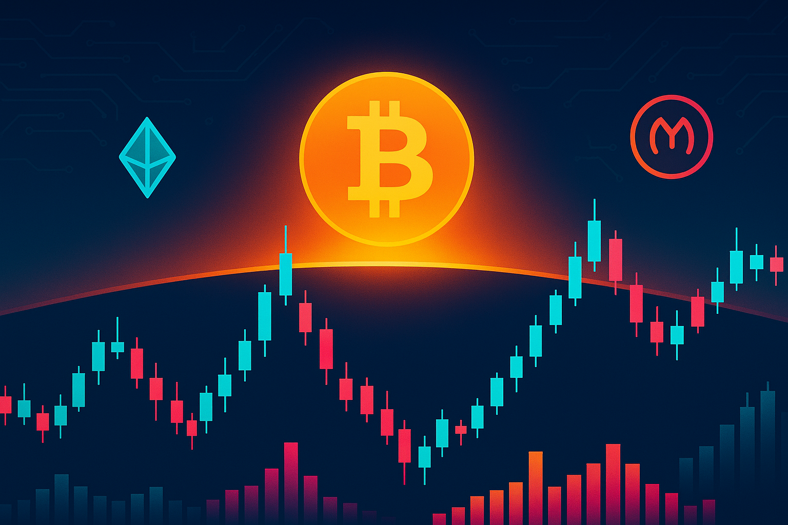 Bitcoin sunrise over digital candlestick cityscape for BTC price prediction