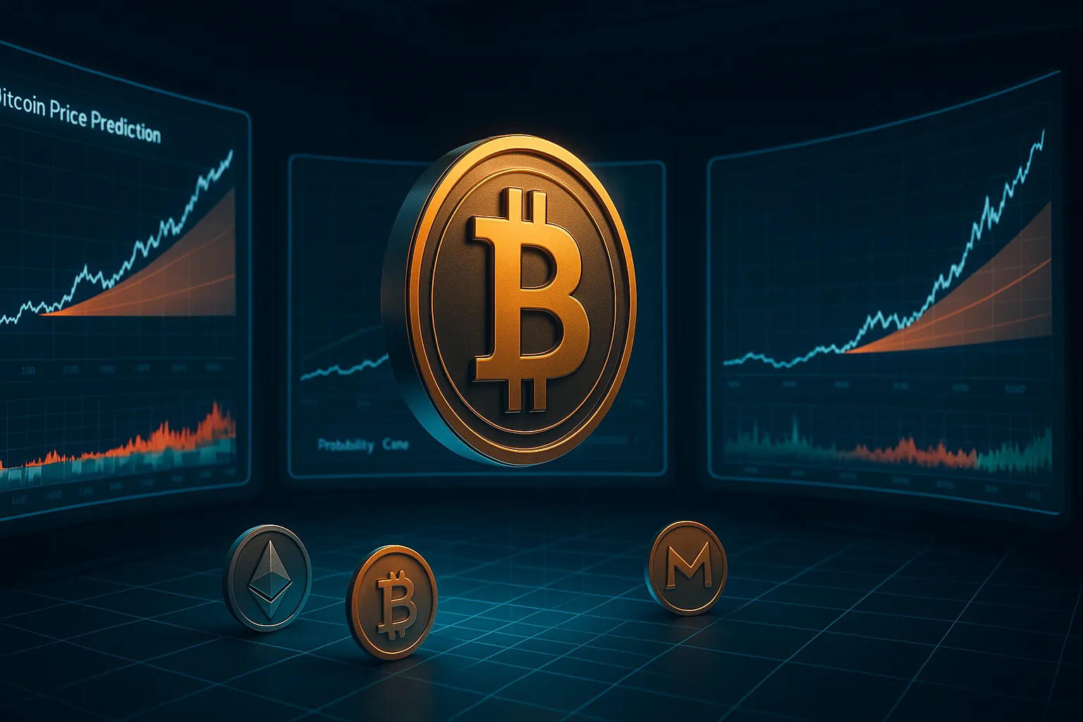 Sala de guerra criptográfica com gráficos holográficos de previsão de preços do Bitcoin e moedas.