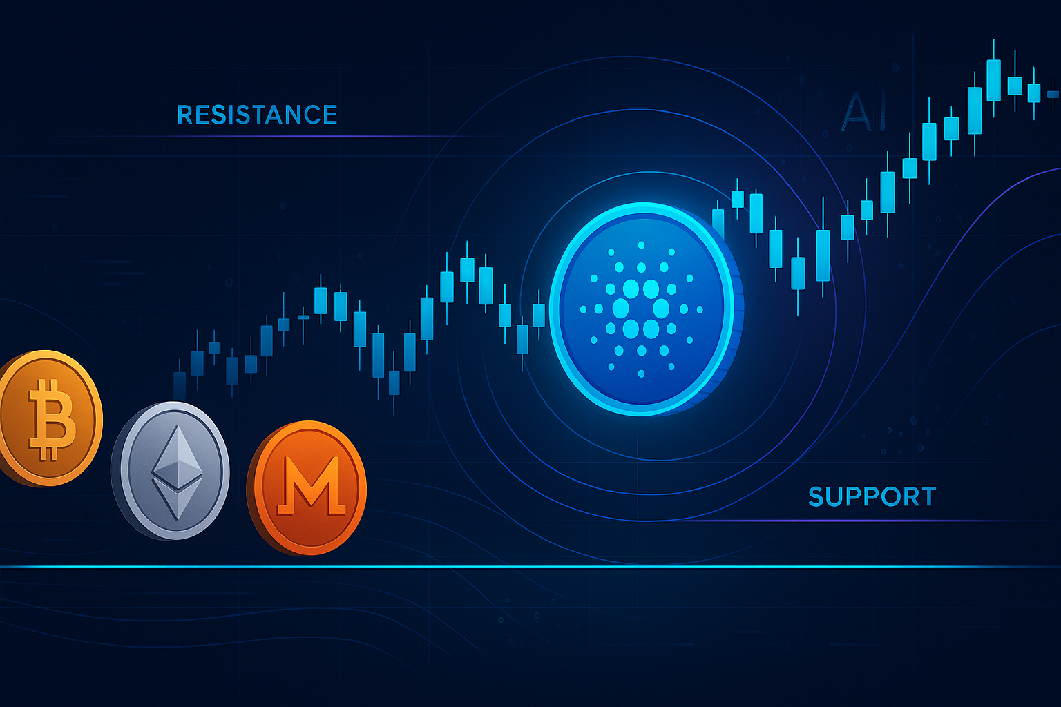 Futuristic dashboard chart analyzing blue Cardano-style coin price with crypto market data