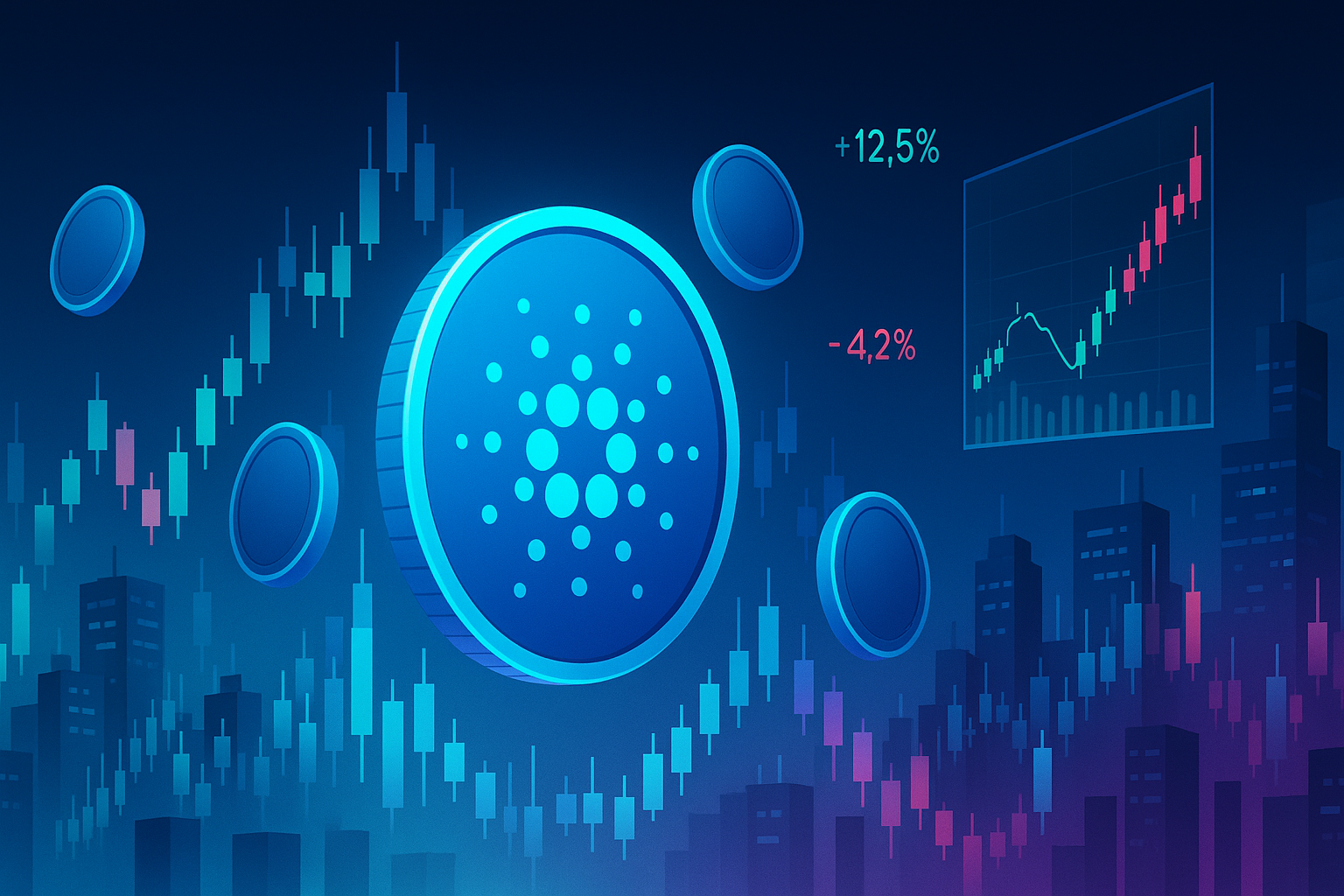 Cardano ADA coin in holographic crypto city with price charts