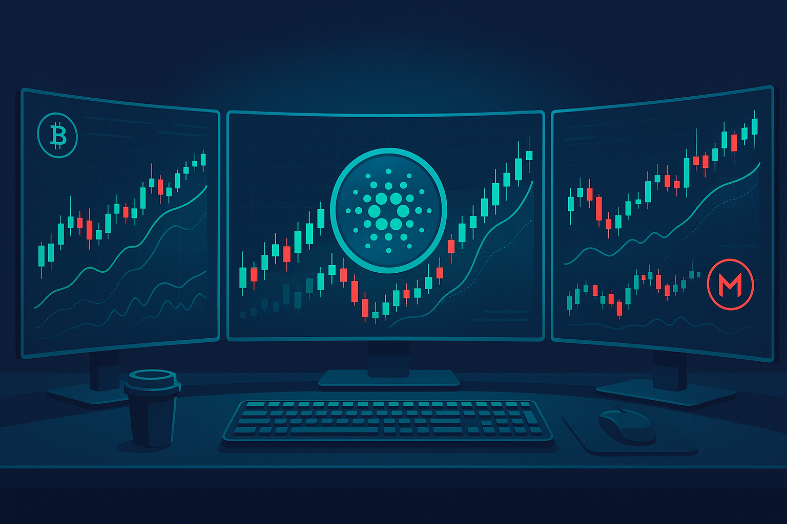Futuristic crypto trading desk with Cardano price chart and AI signals