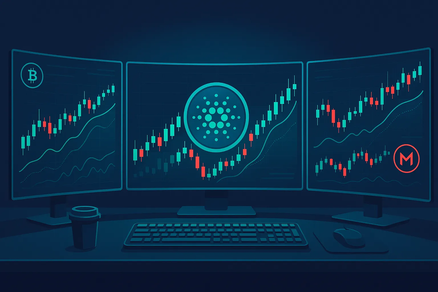 Futuristic crypto trading desk with Cardano price chart and AI signals