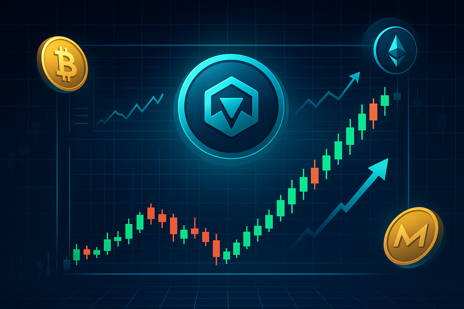 Futuristic trading dashboard with rising CRO-style coin and crypto candlesticks