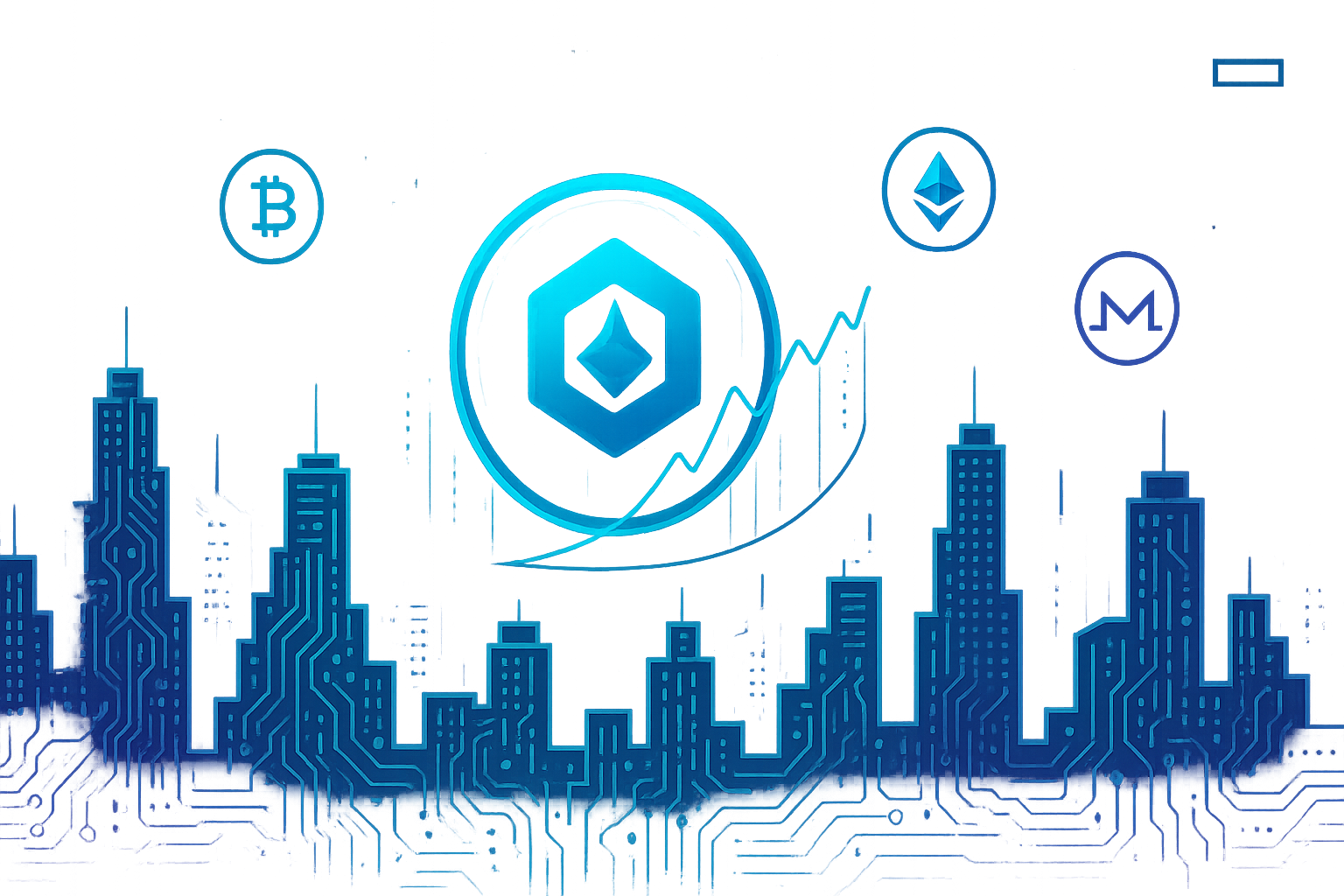 Digital city skyline with CRO coin price chart and floating crypto coins
