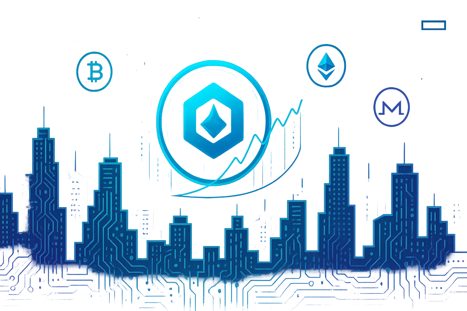 Horizonte digital da cidade com gráfico de preços da moeda CRO e criptomoedas flutuantes.