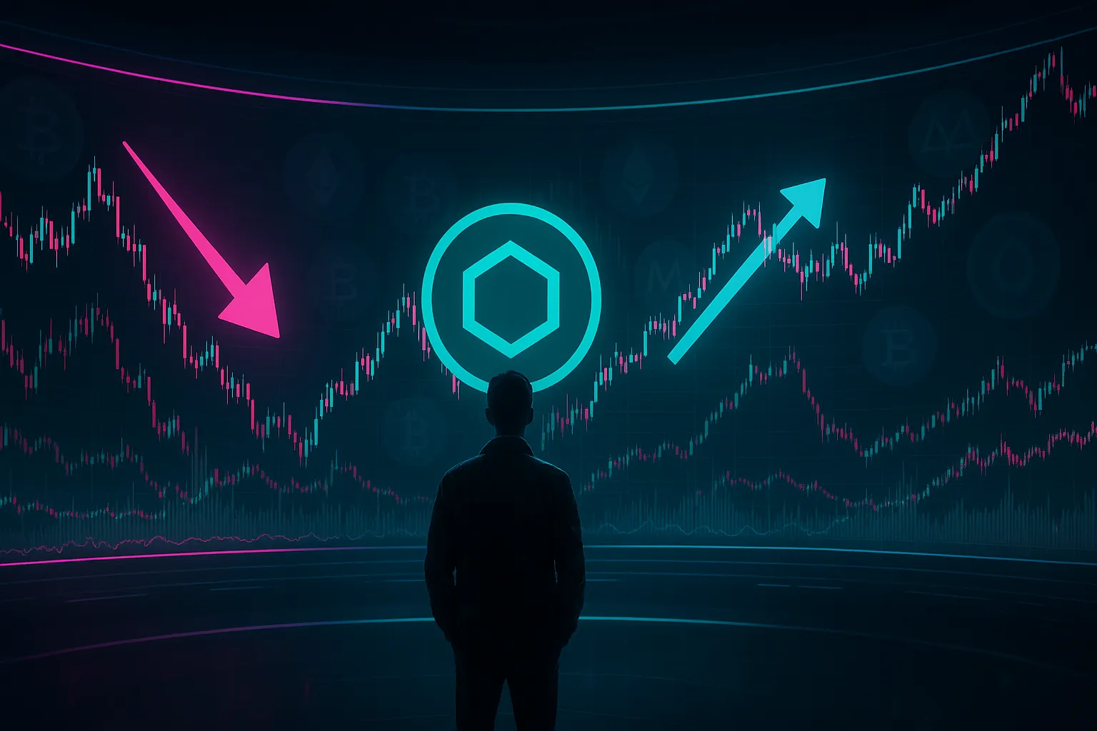 Trader analisando gráficos de previsão de preço da criptomoeda CRO em uma tela curva futurista de negociação.