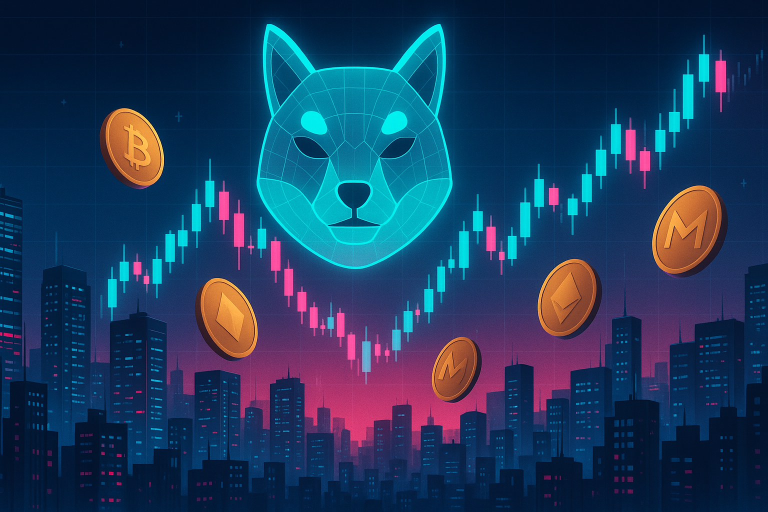 Futuristic crypto city with holographic Shiba Inu over price chart