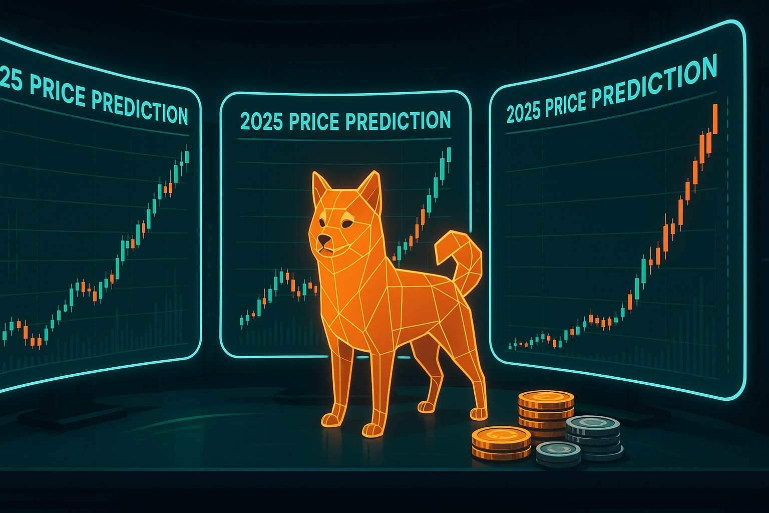 High-tech crypto desk with holographic charts and Shiba Inu coin price surge for 2025
