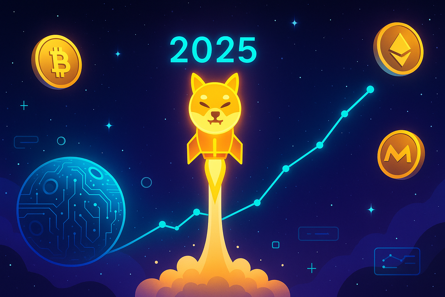 Dogecoin rocket and crypto coins rising in a futuristic 2025 price chart