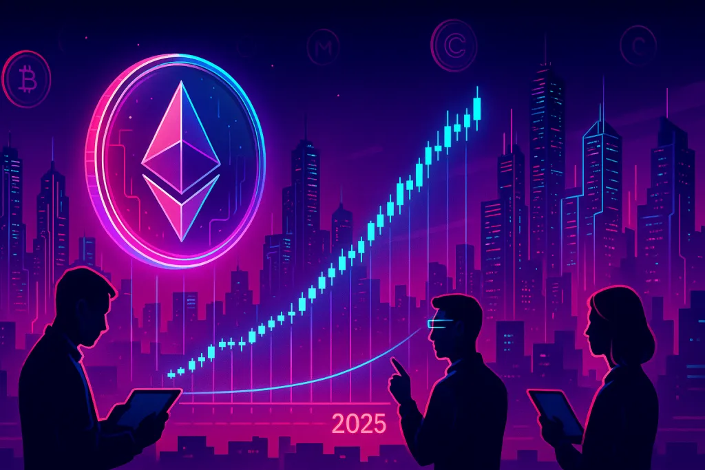 Futuristisches Ethereum-Kursdiagramm-Hologramm über der neonbeleuchteten Skyline einer Krypto-Stadt