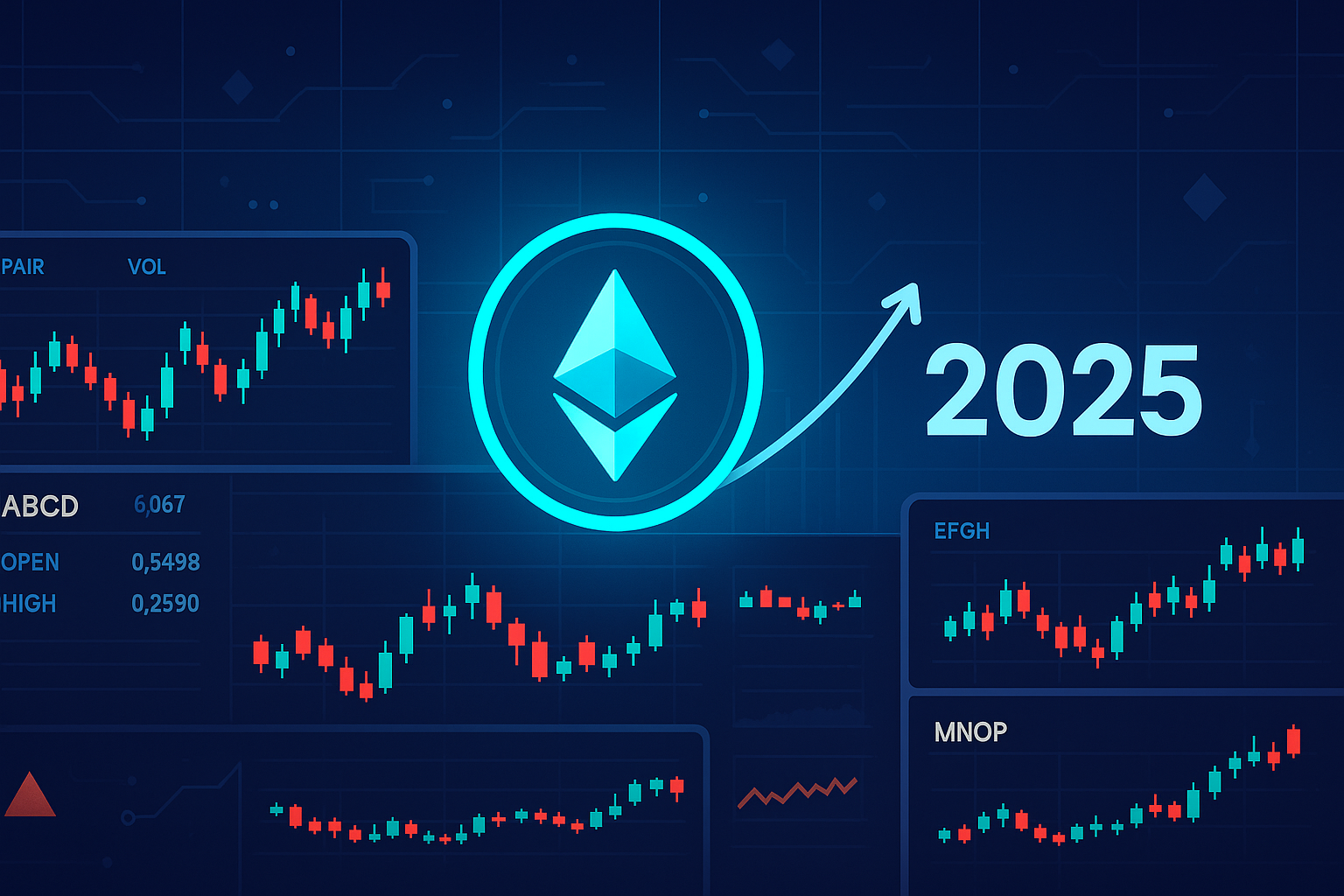 Ethereum price prediction 2025 banner with crypto trading charts