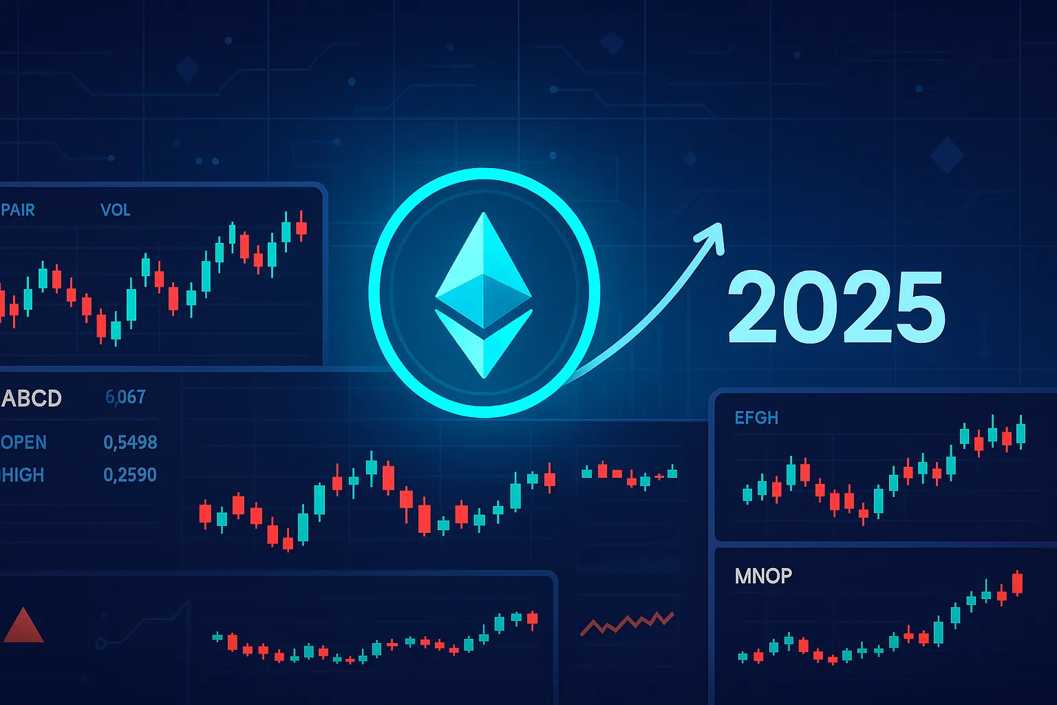Ethereum-Preisprognose 2025 (Banner mit Krypto-Handelsdiagrammen)
