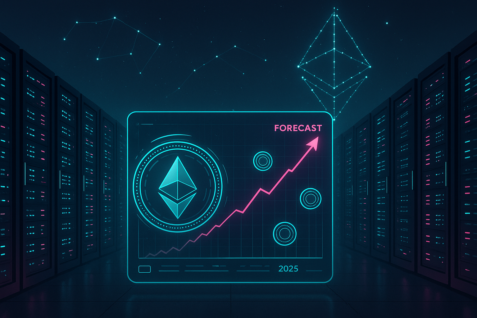 Futuristic Ethereum data center with 2025 price forecast hologram