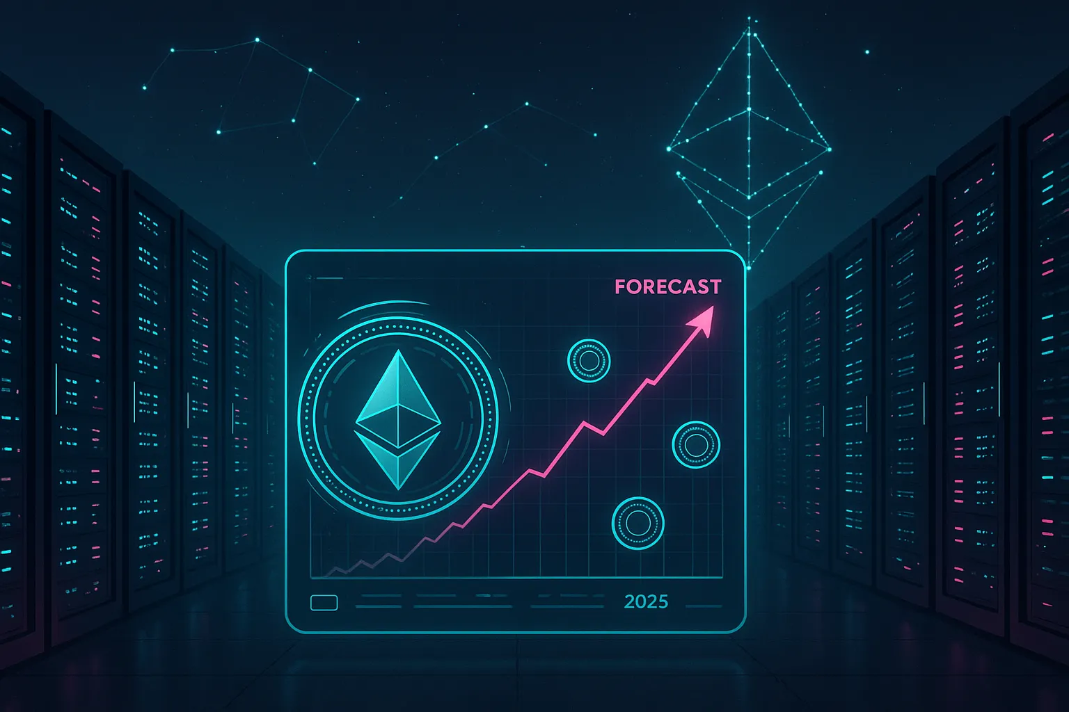 Futuristisches Ethereum-Rechenzentrum mit Preisprognose-Hologramm für 2025